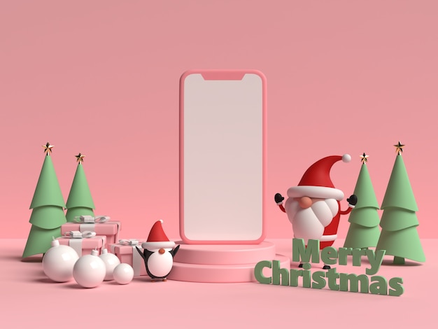 Scene of Christmas podium with Gift box and penguin in 3d rendering