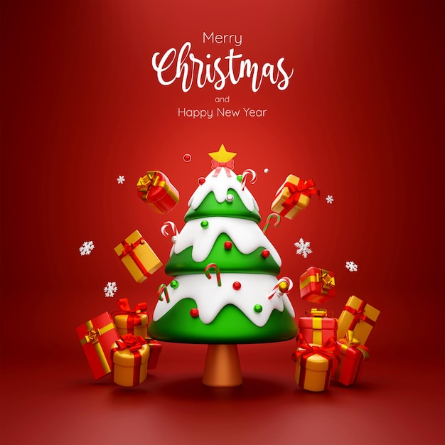 빨간색 배경 3d 그림에 크리스마스 트리와 선물 상자의 장면