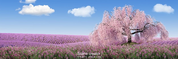 Creatore di scene del vecchio albero di sakura nel campo di lavanda