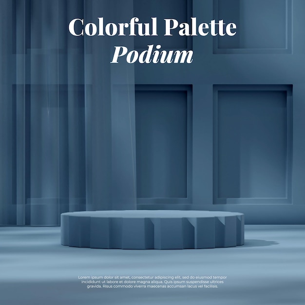 Scene mockup blue color podium in square with monochrome blue curtain and wall 3d rendering