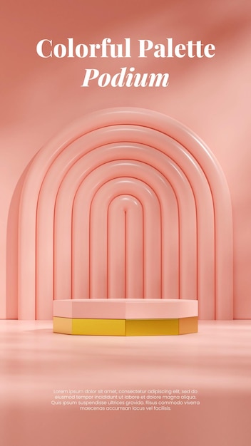 Scena mockup podio ottagonale oro e rosa in ritratto arco rosa e parete immagine di rendering 3d