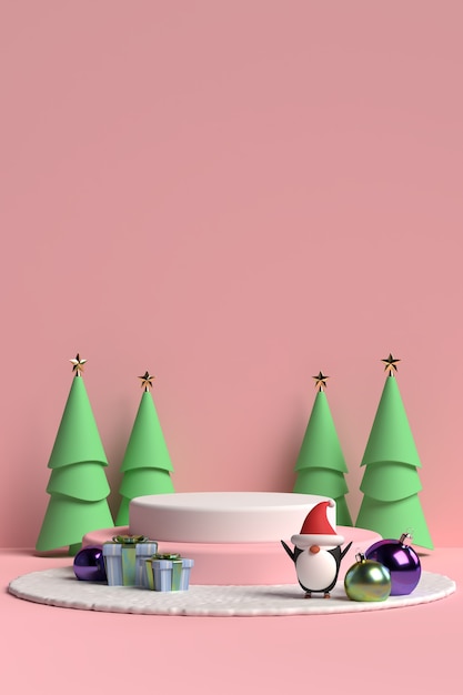 scene of christmas podium with gift box and penguin on pink background in 3d rendering