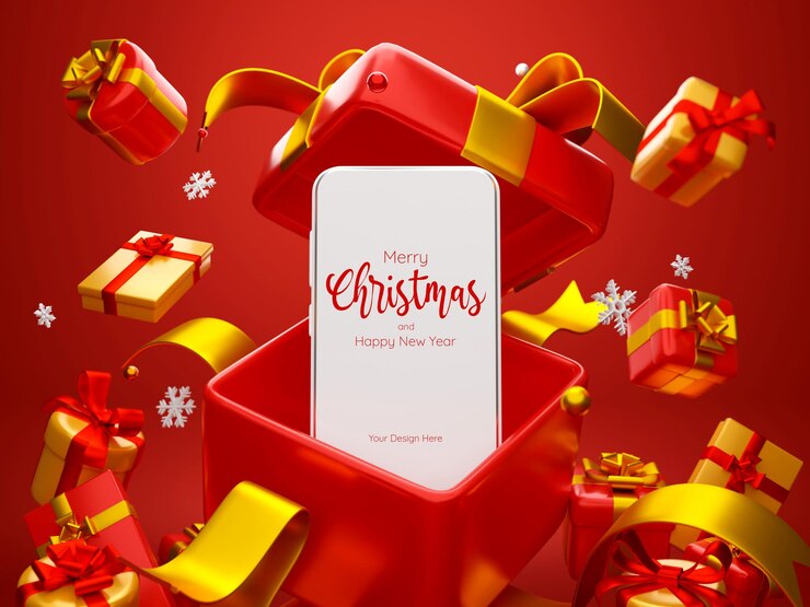 オンライン広告の3Dイラストをショッピングするためのクリスマスプレゼントとスマートフォンのシーン