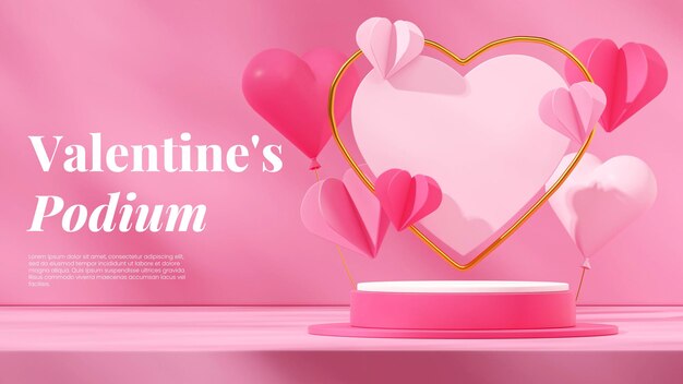 scene template dark pink cylinder podium in landscape gold and pink hearts shape 3d image render