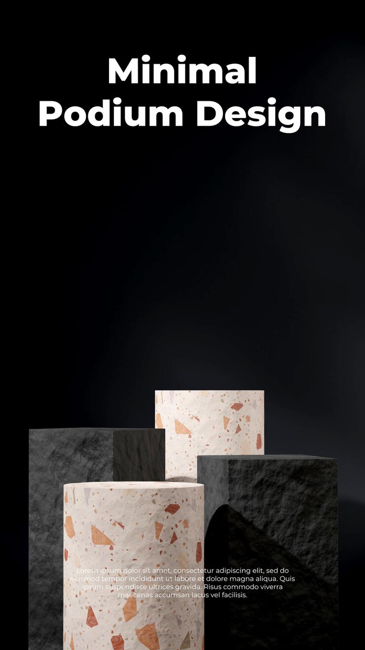 scene template rough textured terrazzo podium in portrait black wall background rendering 3d