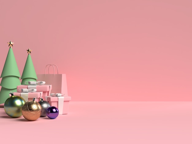 PSD scène van kerstmispodium met giftdoos en bal op roze achtergrond in het 3d teruggeven