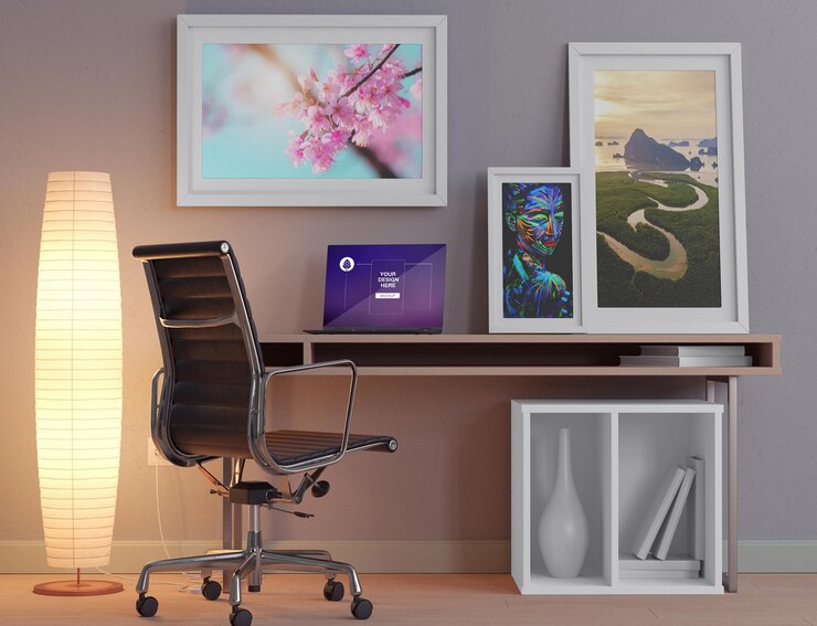 PSD scene with set of 3 frames and laptop mockup