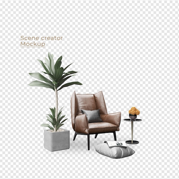 Scenes creator sofa aim chair near potted plant and pillow decoration design