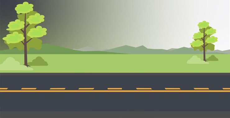 PSD scenic countryside road z drzewami i górami ilustracja wektorowa