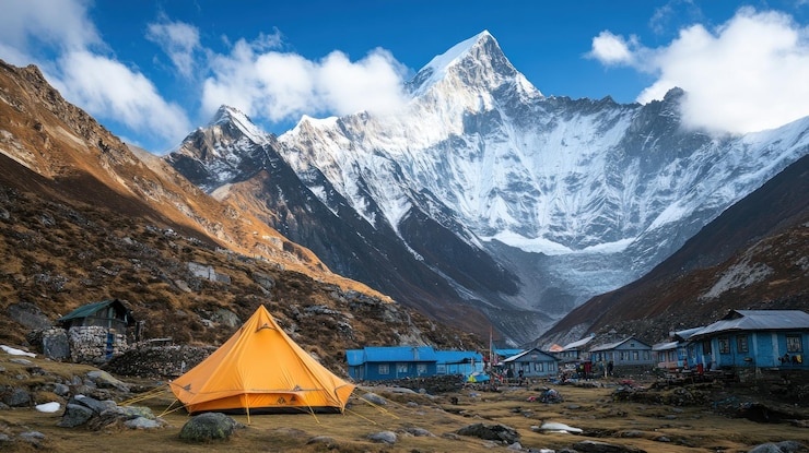 PSD scenic mountain landscape with tents and cabins