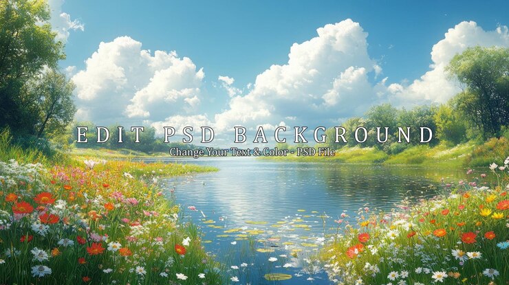 PSD 鮮やかな青い空の下で,活気のある野花と木々に囲まれた茂った草原を流れる美しい川