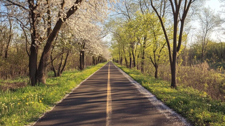 PSD scenic spring path with blooming trees and sunlight