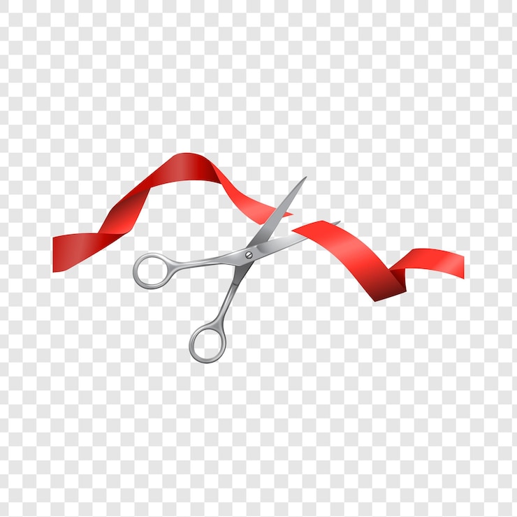 PSD schar die een rood lint snijdt om een nieuw begin te vieren of te lanceren geïsoleerd op doorzichtig