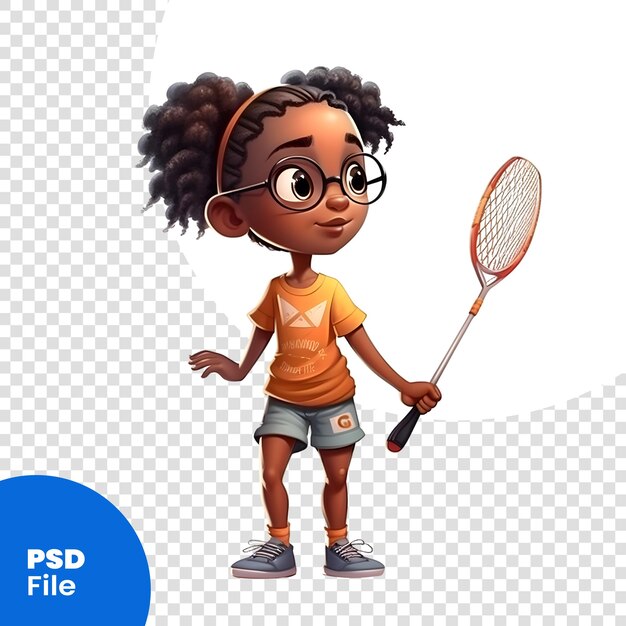 Schattig afro-amerikaans meisje met badminton racket geïsoleerd op witte psd sjabloon