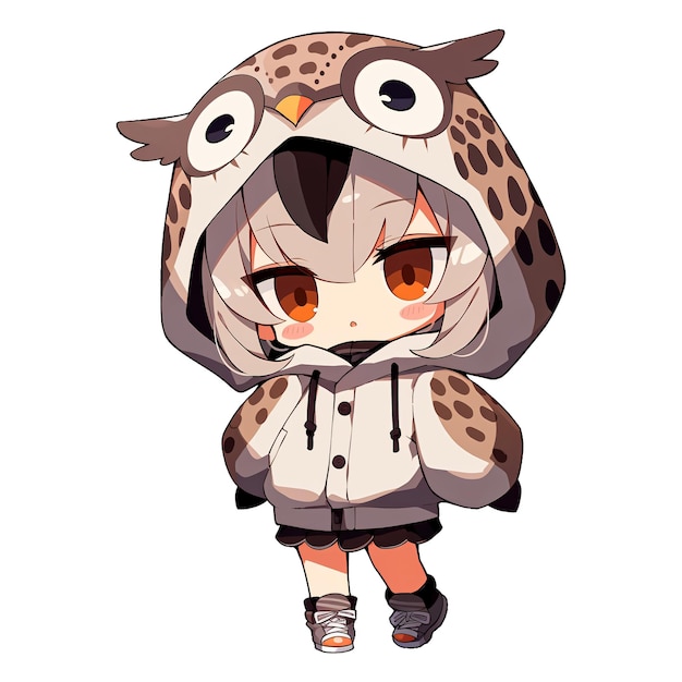 Schattig chibi-meisje dat een uil hoodie draagt