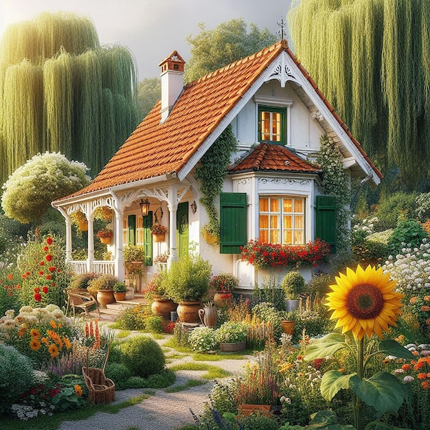 PSD schattig huis met bloemen illustratie