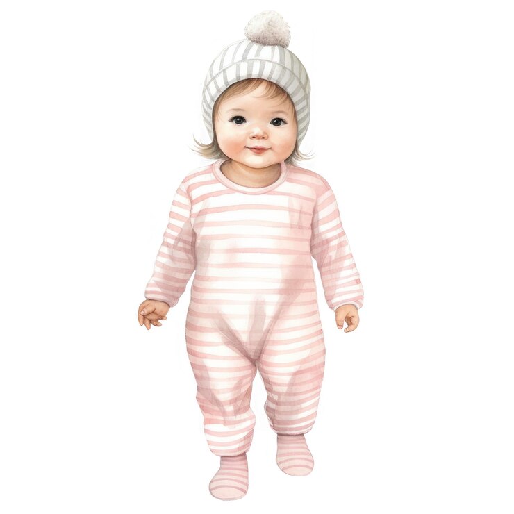 PSD schattig meisje met gestreepte pyjama en hoed.