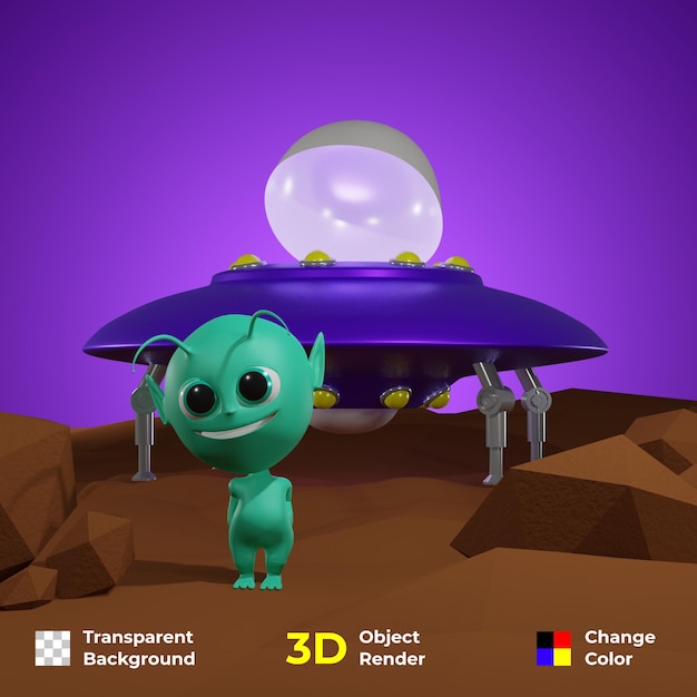 PSD schattige alien 3d karakter ontwerp illustratie met ufo schip premium schattig karakter psd