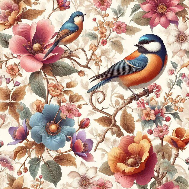 PSD schattige bloem met vogel op kleurrijke achtergrond naadloze patroon