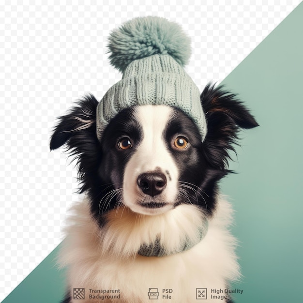 PSD schattige border collie puppy met een gezellige hoed gefotografeerd op een transparante achtergrond