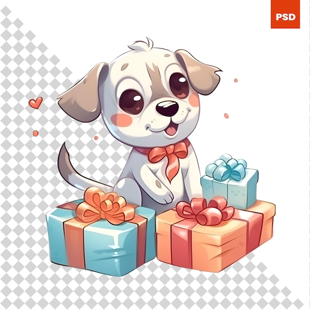 PSD schattige cartoon hond met geschenkdozen vector illustratie op witte achtergrond