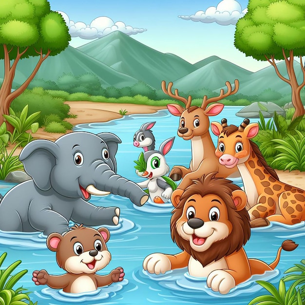 Schattige dierencartoon met rivier achtergrond