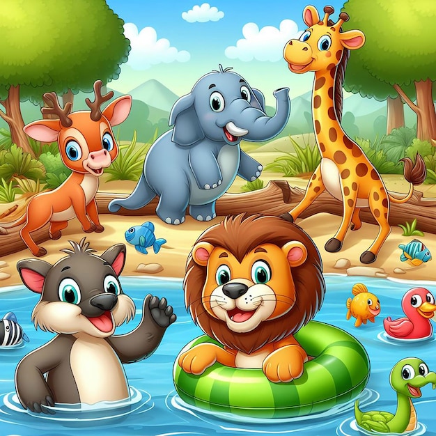 PSD schattige dierencartoon met rivier achtergrond
