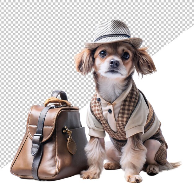 PSD schattige hond die een zomerpak draagt en een zomerzak op een doorzichtige achtergrond vasthoudt