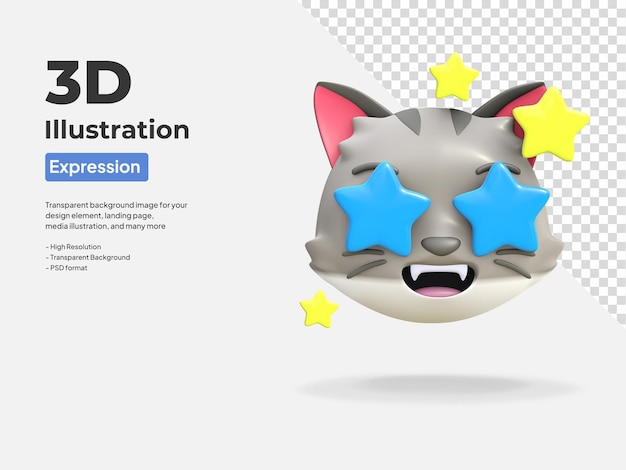 Schattige kat blij gezicht ster expressie pictogram cartoon 3d render illustratie