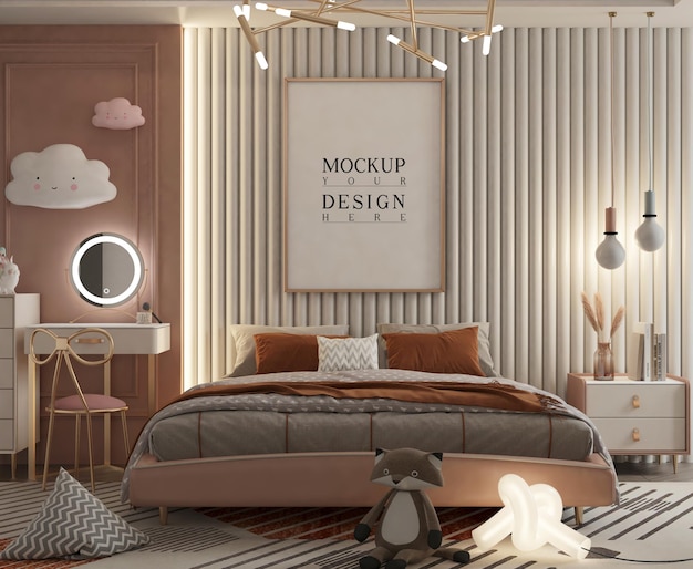 Schattige kinderkamer met mockup poster 3d-rendering