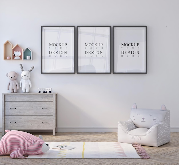 Schattige kleine kinderkamer met poster ingelijst mockup