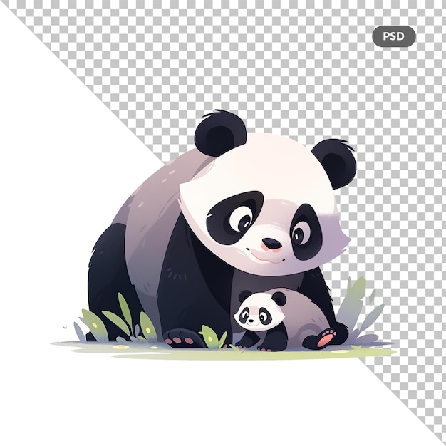 PSD schattige panda met haar baby in het gras