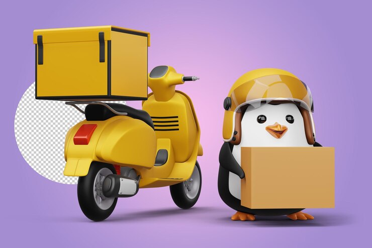 PSD schattige pinguïn met een pakketdoos pinguïn levering 3d-rendering