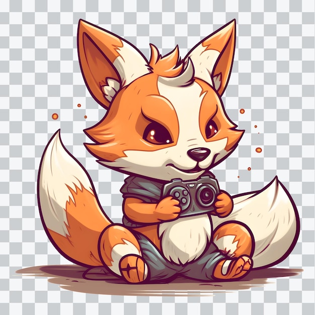 PSD schattige rode vos zitten en spelen met een gamepad geïsoleerd op transparante achtergrond png
