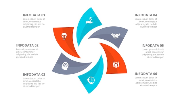PSD schemat cyklu infografiki podzielony na 6 części wizualizacja danych biznesowych do prezentacji