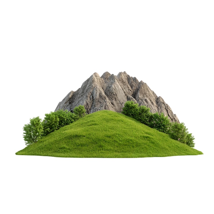 PSD schilderachtige berg met groene heuvels en bomen geïsoleerd op een witte achtergrond perfect voor de natuur outdoors
