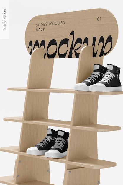 PSD schoenen houten rek mockup, close-up