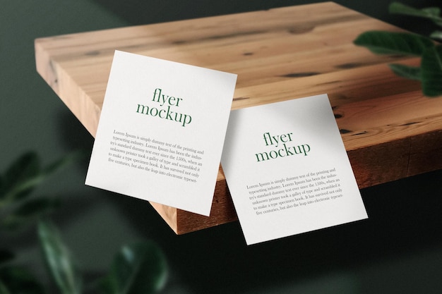Schone minimale vierkante flyer mockup drijvend op houten plaat met bladeren
