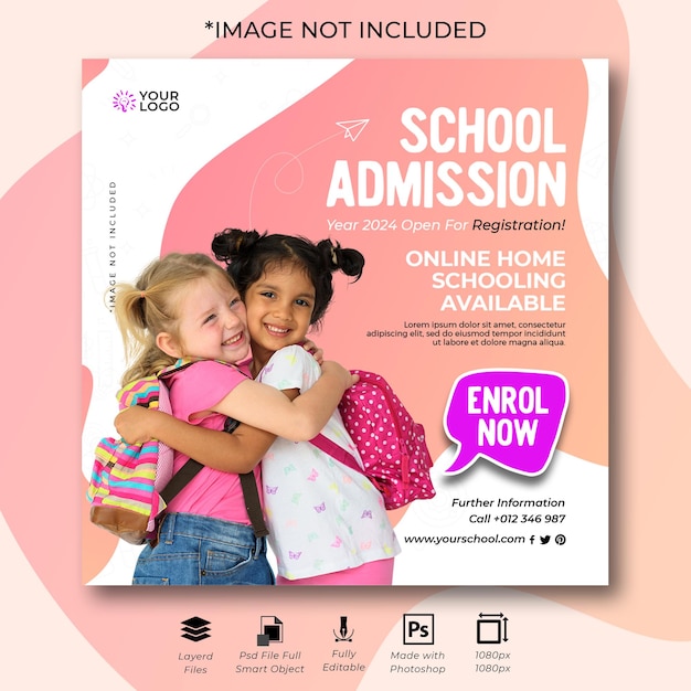 PSD school admission 2024 social media post or promotional banner design template