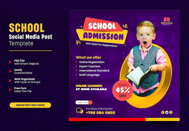 PSD school admission or back to school education social media post or square web banner design