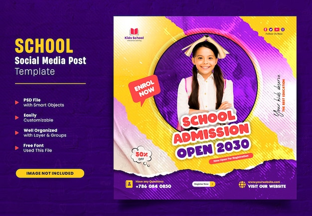 School admission or back to school education social media post or square web banner design