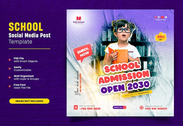 PSD school admission or back to school education social media post or square web banner design