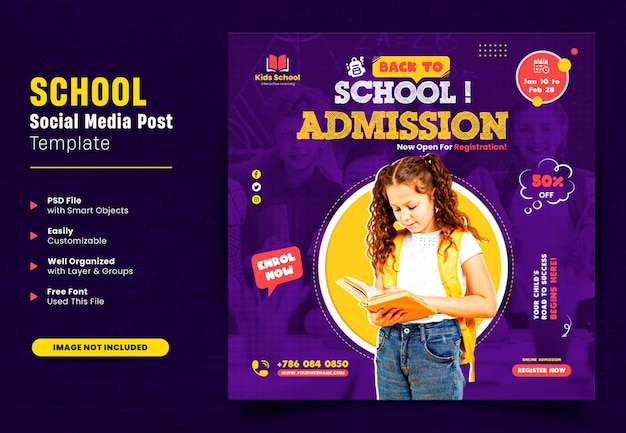 School admission or back to school education social media post or square web banner design