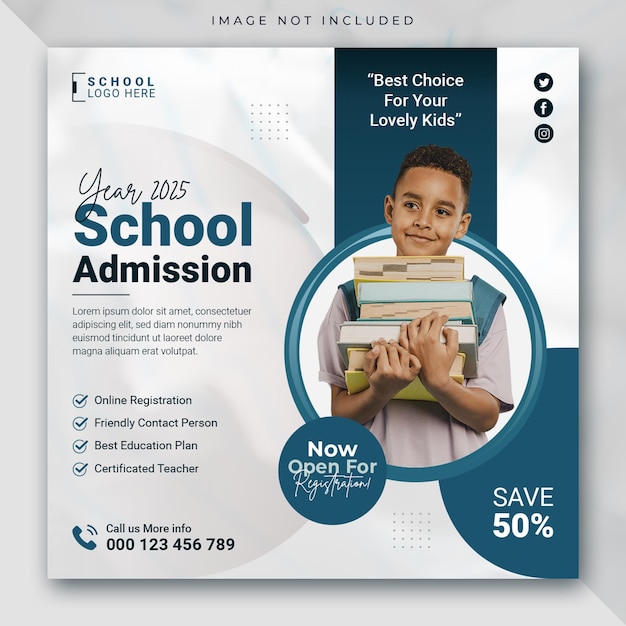 PSD school admission education social media post web banner or instagram square flyer template