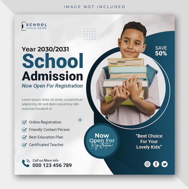PSD school admission education social media post web banner or instagram square flyer template