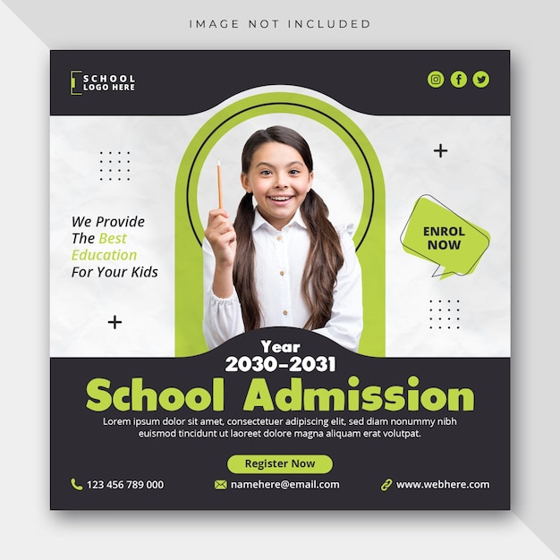 School admission education social media post web banner or square flyer template