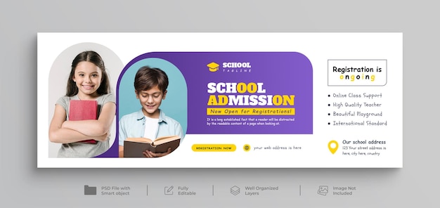 PSD Прием в школу facebook обложка и образование веб-баннер обратно в школу шаблон обложки социальных сетей