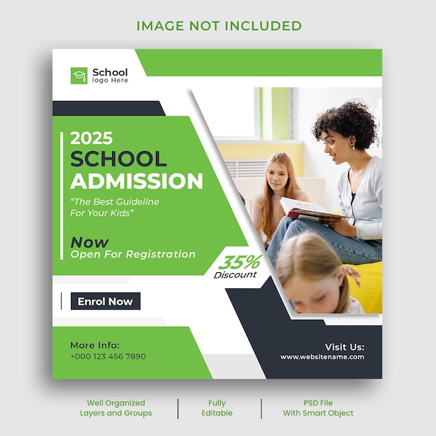 PSD school admission social media banner template design and instagram post template