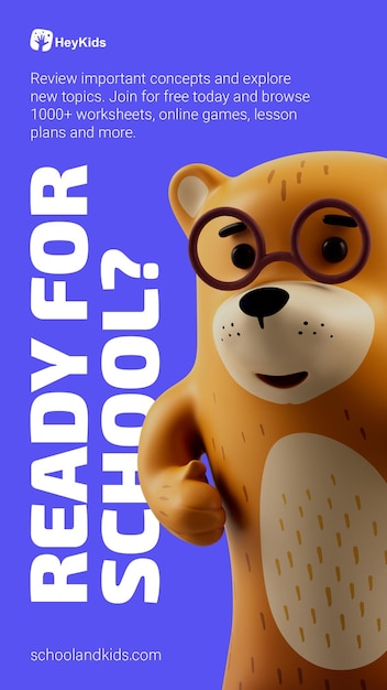 PSD 학교 배너 3d 렌더링 곰 캐릭터