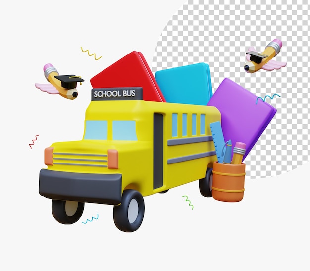 School bus with school accessories and books Education and welcome back to school concept